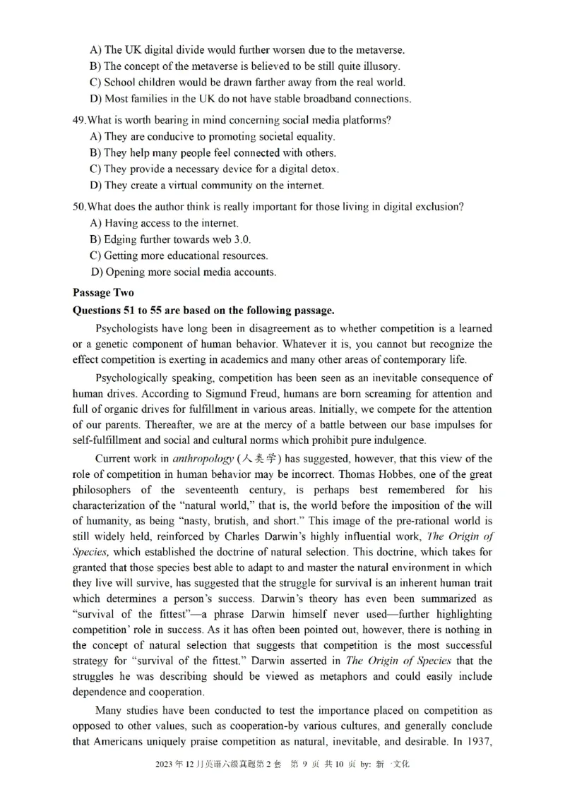 2023.12六级真题第2套可复制可检索，打印首选_英语四六级整合_英语四六级真题版本二此版为主此文件夹会持续更新_六级真题_1.六级真题+答案解析+听力音频_2023年12月CET6