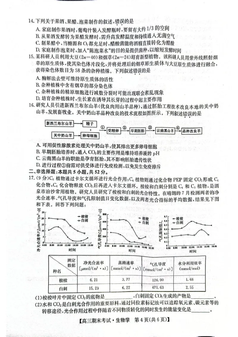 酒泉市普通高中2025~2026学年度第一学期期末考试生物(1)_2026年1月_260114甘肃省酒泉市普通高中2025~2026学年度第一学期期末考试（全）