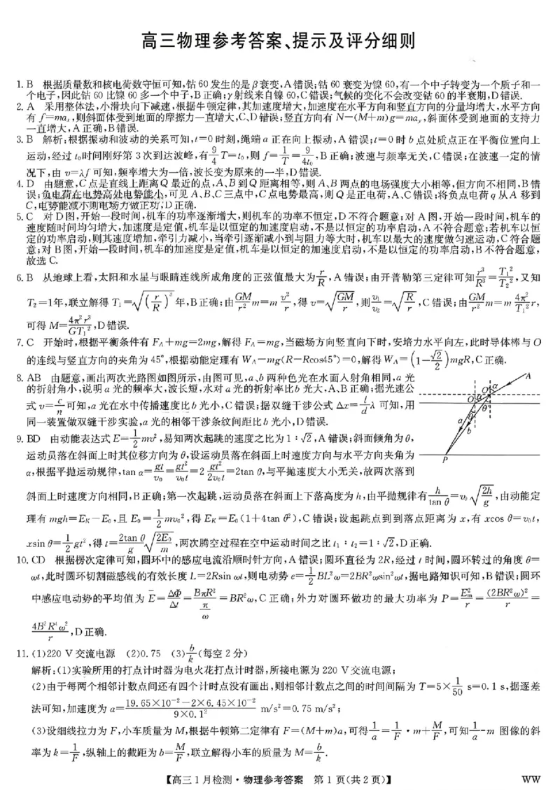 九师联盟2026届高三1月质量检测物理答案(1)_2026年1月_260120九师联盟2026届高三1月质量检测（全科）