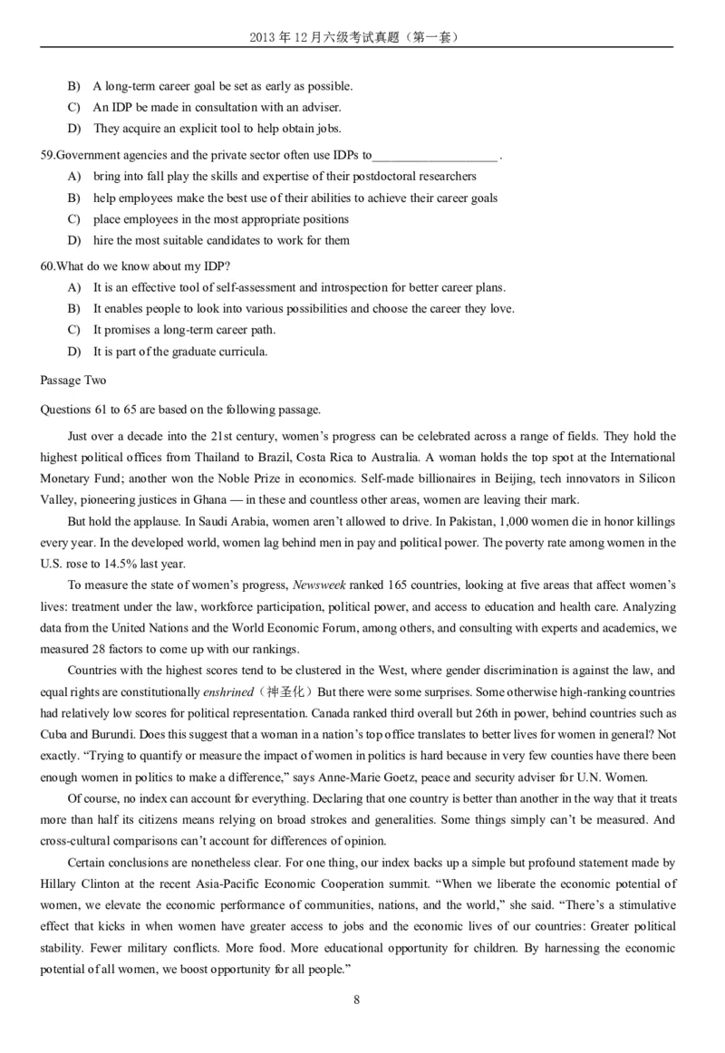 2013年12月六级考试真题（一）_英语四六级整合_英语四六级真题版本二此版为主此文件夹会持续更新_六级真题_1.六级真题+答案解析+听力音频_2013年12月CET6_01、真题PDF版（推荐打印）❤