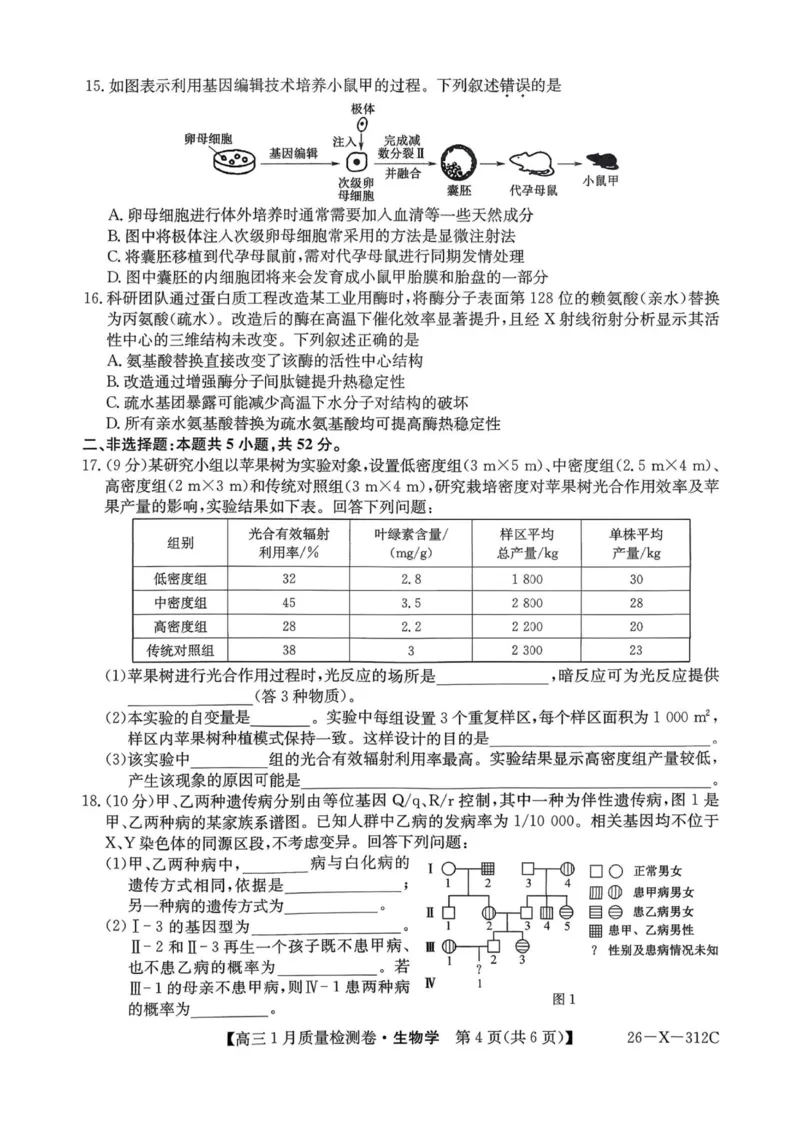 生物试卷-卓越联盟2025-2026学年高三1月质量检测（26-X-312C）(1)_2026年1月_260115山西三晋卓越联盟2025-2026学年高三1月质量检测（26-X-312C）（全科）