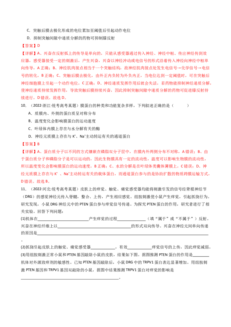 专题17神经调节（解析卷）_近10年高考真题汇编（必刷）_十年（2014-2024）高考生物真题分项汇编（全国通用）_十年（2014-2023）高考生物真题分项汇编（全国通用）