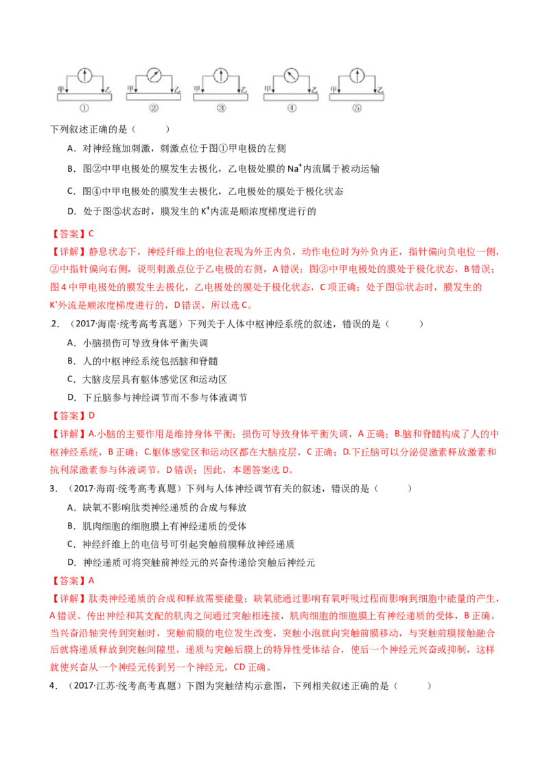 专题17神经调节（解析卷）_近10年高考真题汇编（必刷）_十年（2014-2024）高考生物真题分项汇编（全国通用）_十年（2014-2023）高考生物真题分项汇编（全国通用）