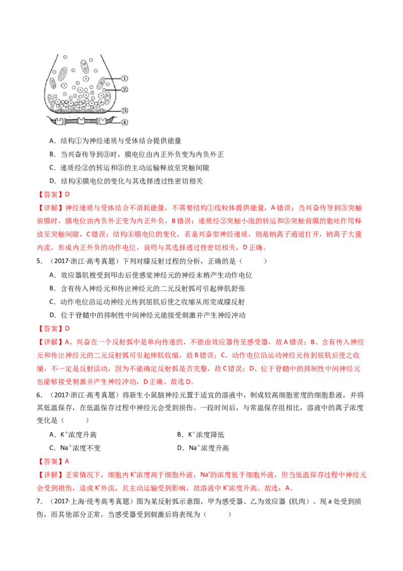 专题17神经调节（解析卷）_近10年高考真题汇编（必刷）_十年（2014-2024）高考生物真题分项汇编（全国通用）_十年（2014-2023）高考生物真题分项汇编（全国通用）