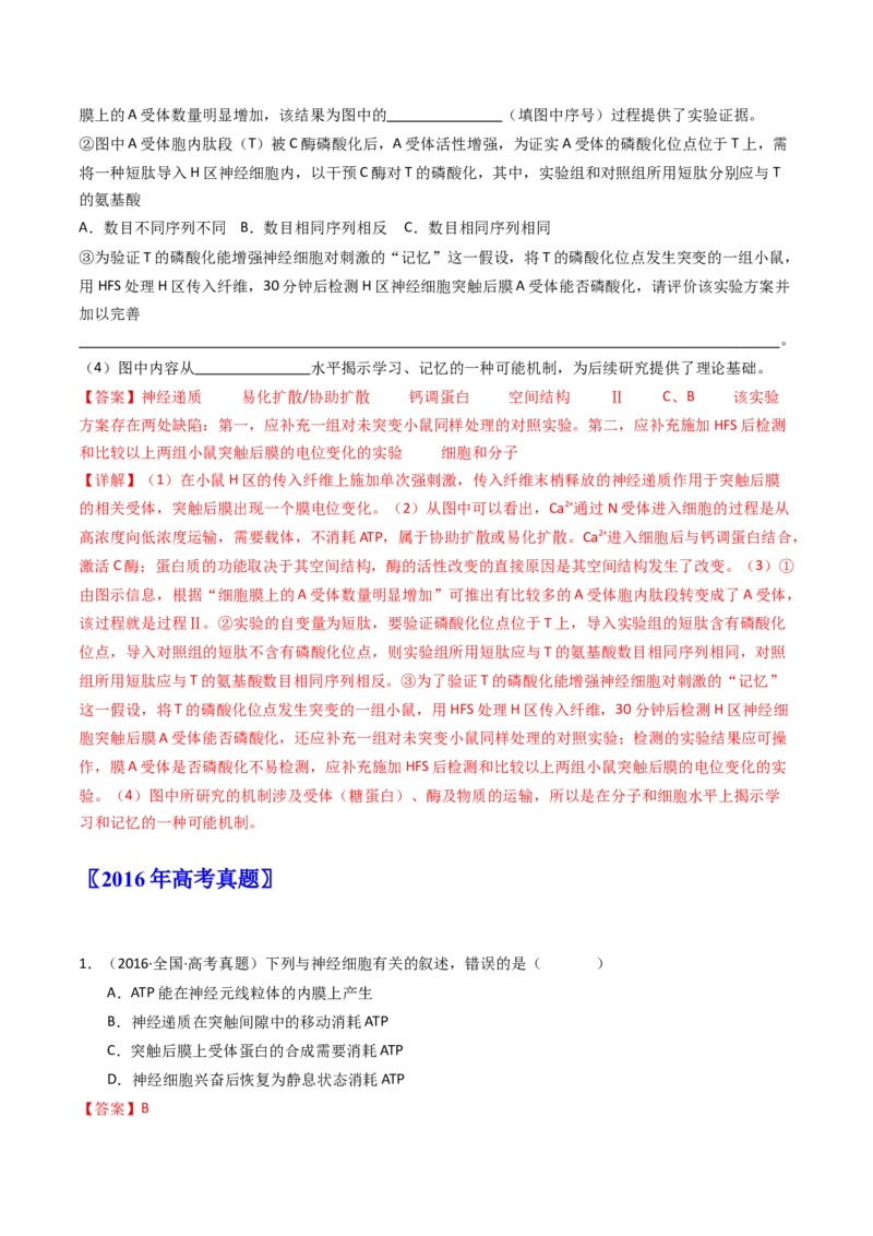 专题17神经调节（解析卷）_近10年高考真题汇编（必刷）_十年（2014-2024）高考生物真题分项汇编（全国通用）_十年（2014-2023）高考生物真题分项汇编（全国通用）