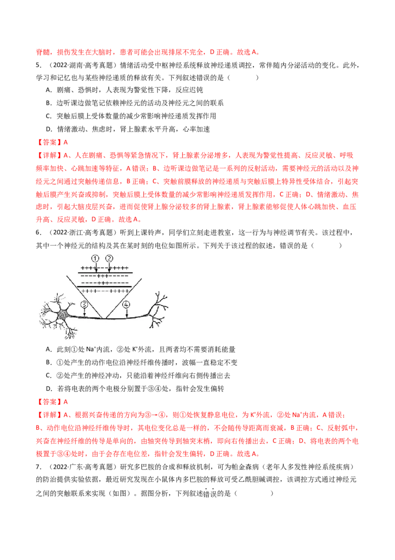 专题17神经调节（解析卷）_近10年高考真题汇编（必刷）_十年（2014-2024）高考生物真题分项汇编（全国通用）_十年（2014-2023）高考生物真题分项汇编（全国通用）