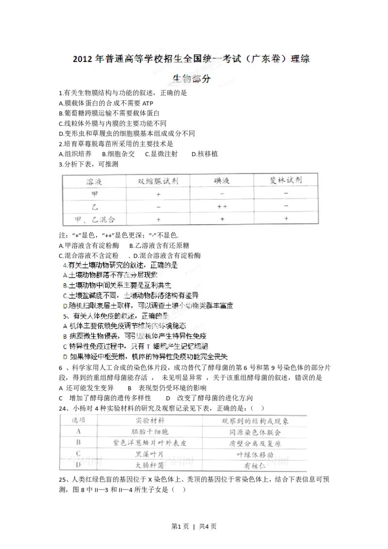 2012年高考生物试卷（广东）（空白卷）_生物历年高考真题_新&middot;PDF版2008-2025&middot;高考生物真题_生物（按省份分类）2008-2025_2008-2025&middot;（广东）生物高考真题