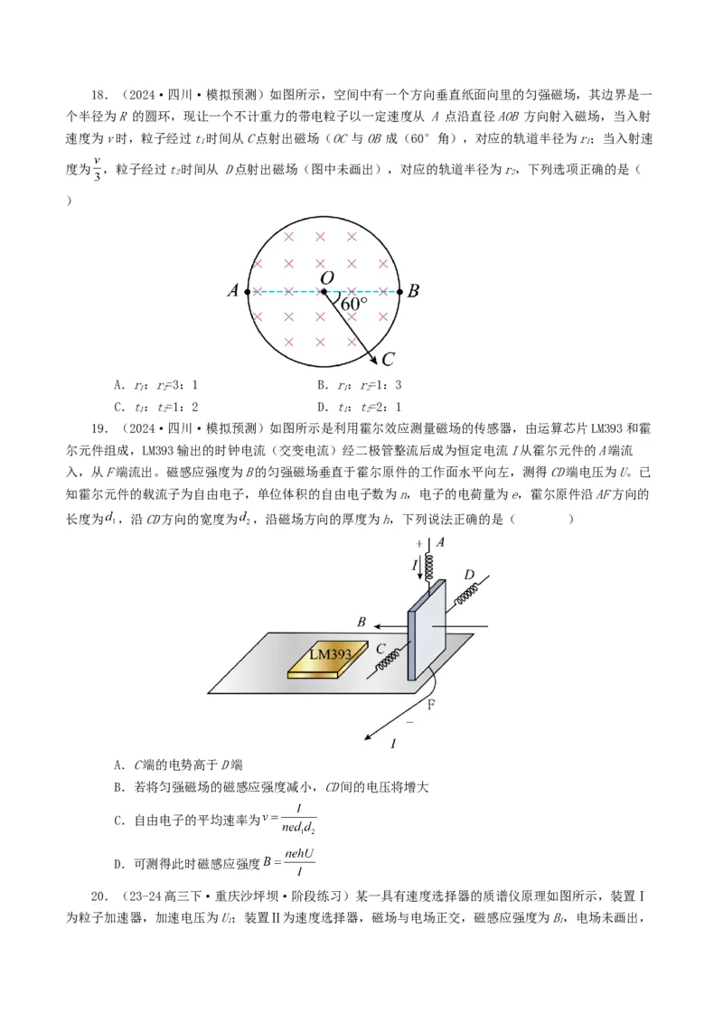 专题10磁场-2024年高考真题和模拟题物理分类汇编（学生卷）_近10年高考真题汇编（必刷）_十年（2014-2024）高考物理真题分项汇编（全国通用）
