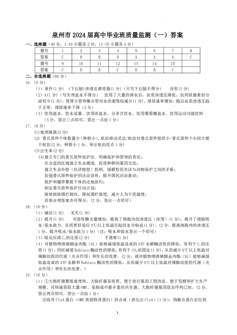 2024届福建省泉州市高中毕业班质量检测（一）生物答案_2023年8月_01每日更新_30号_2024届福建省泉州市高中毕业班质量检测（一）