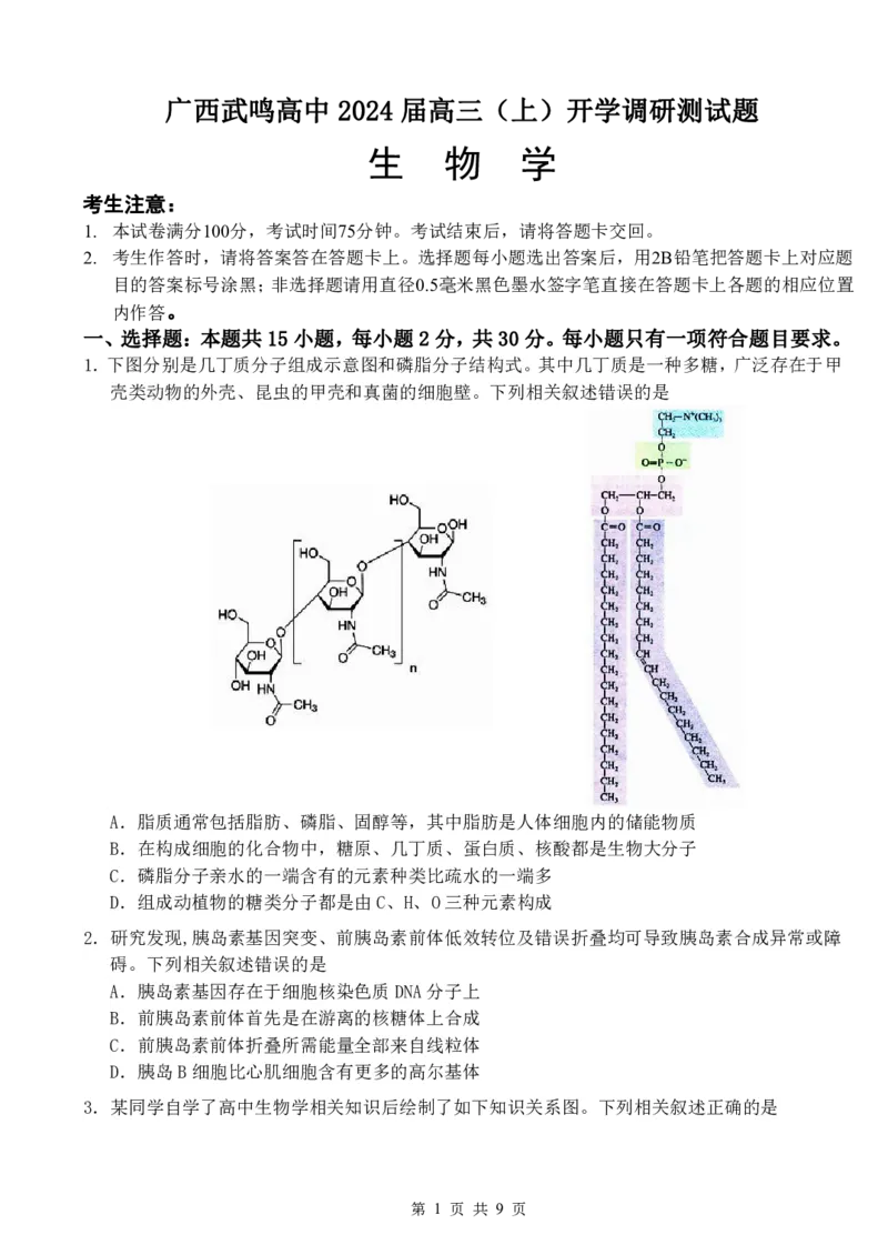 广西南宁市武鸣高级中学2023-2024学年高三上学期开学考试生物(1)_2023年8月_028月合集_2024届广西南宁市武鸣高级中学高三上学期开学考试
