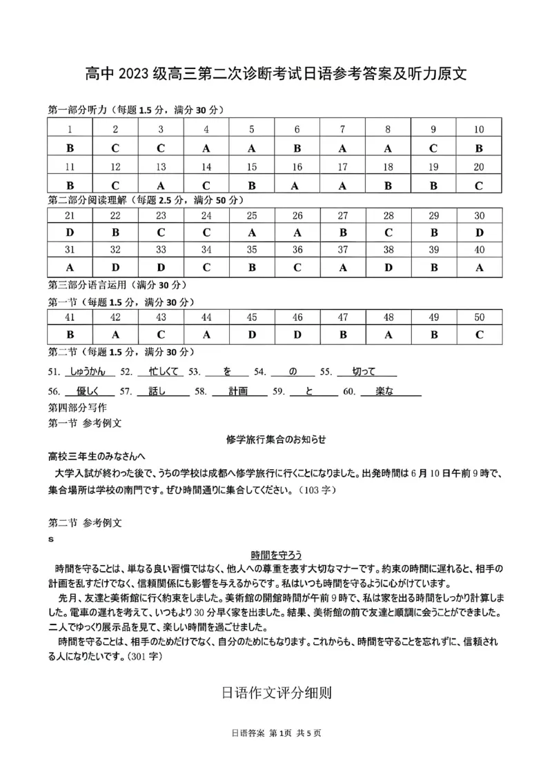 日语答案-四川省&ldquo;元三维大联考&rdquo;2023级高三第二次诊断考试(1)_2026年1月_260124（绵阳二诊B）四川省&ldquo;元三维大联考&rdquo;2023级高三第二次诊断考试（全科）
