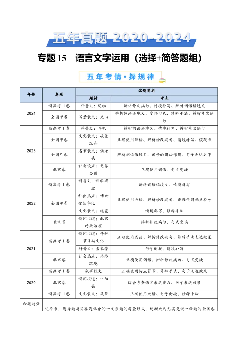 专题15语言文字运用（选择+简答题组）（学生卷）_近10年高考真题汇编（必刷）_十年（2014-2024）高考语文真题分项汇编（全国通用）