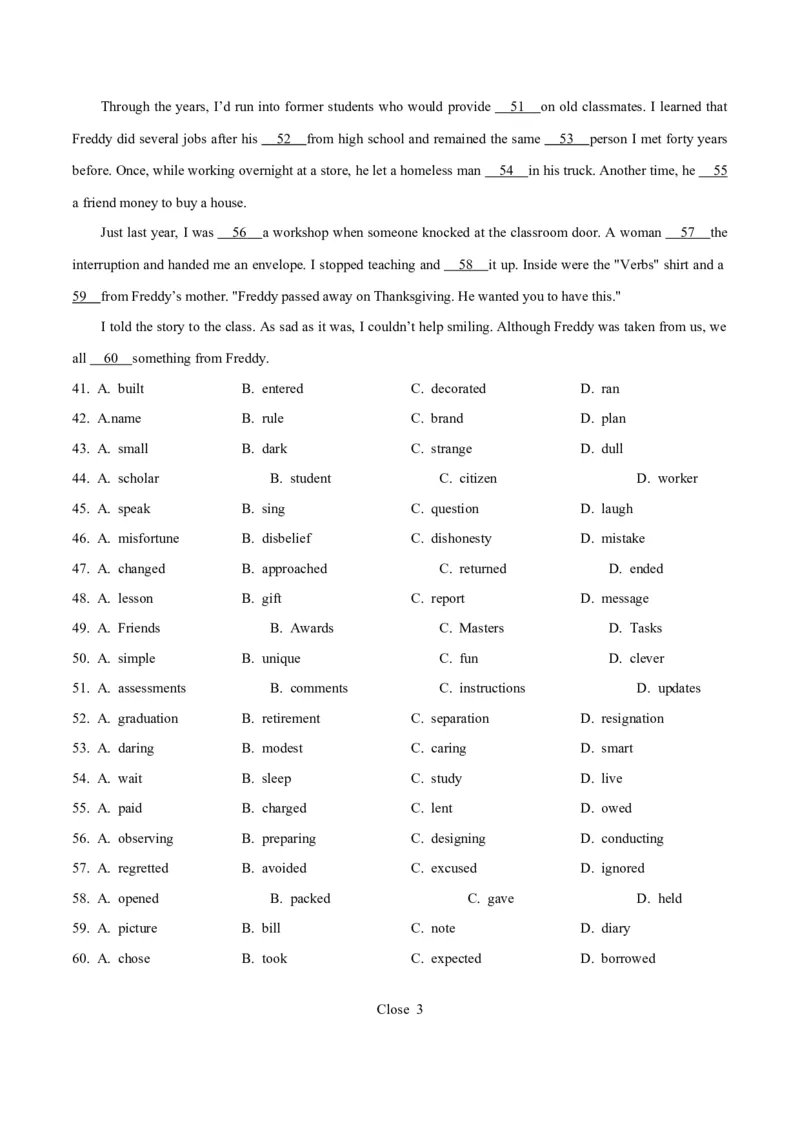 专题19完形填空记叔文(20空)（学生卷）--十年（2015-2024）高考真题英语分项汇编（全国通用）_近10年高考真题汇编（必刷）_十年（2014-2024）高考英语真题分类汇编（全国通用）