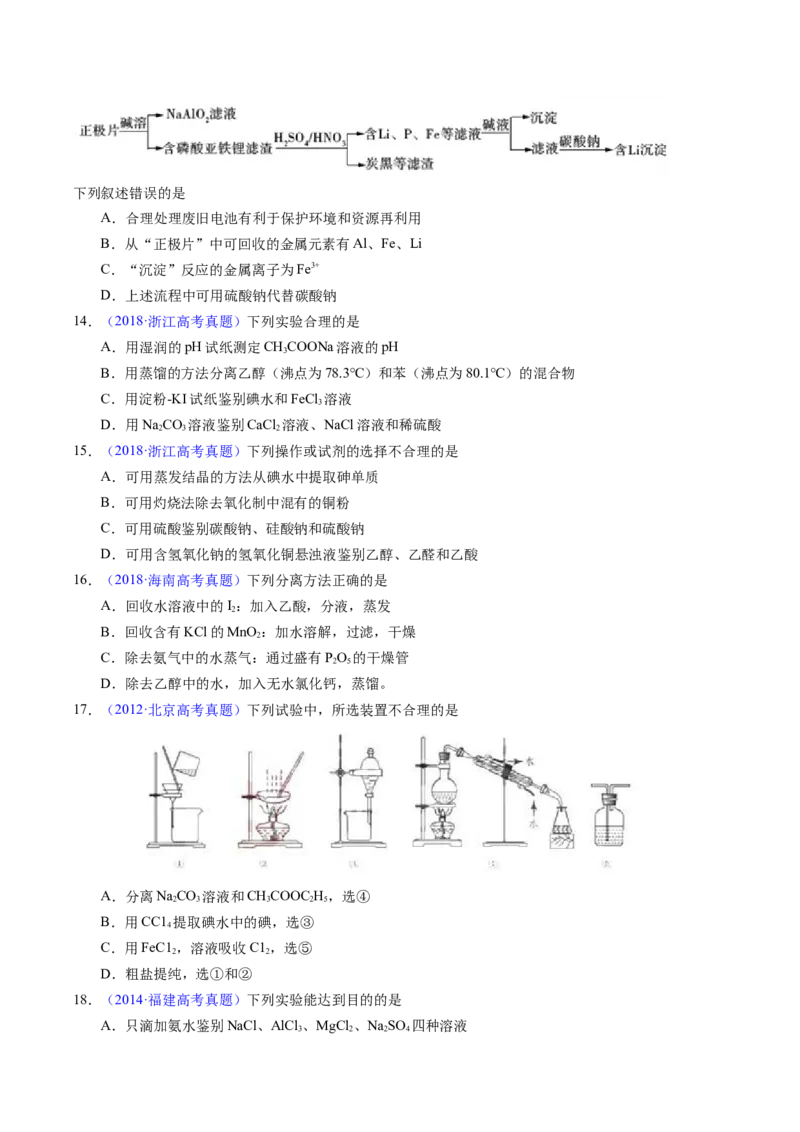 专题83物质分离与提纯（原卷卷）_近10年高考真题汇编（必刷）_十年（2014-2024）高考化学真题分项汇编（全国通用）_十年（2014-2023）高考化学真题分项汇编（全国通用）