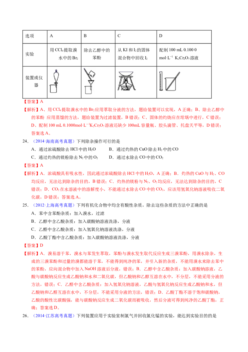 专题83物质分离与提纯（解析卷）_近10年高考真题汇编（必刷）_十年（2014-2024）高考化学真题分项汇编（全国通用）_十年（2014-2023）高考化学真题分项汇编（全国通用）