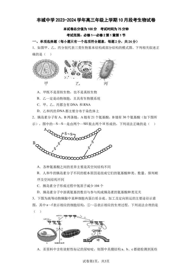 丰城中学2023-2024学年上学期高三第一次段考生物试卷(1)_2023年10月_0210月合集_2024届江西省丰城中学高三上学期10月月考_江西省丰城中学2024届高三上学期10月月考生物
