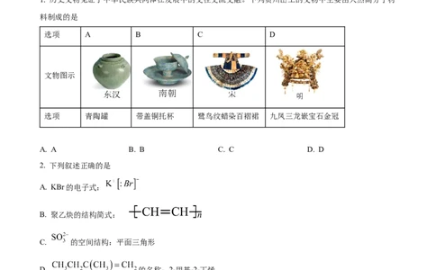 精品解析：2024年贵州高考真题化学试题（原卷版）_高考真题全网收集_化学_2024年新高考贵州卷化学高考真题解析（参考版）