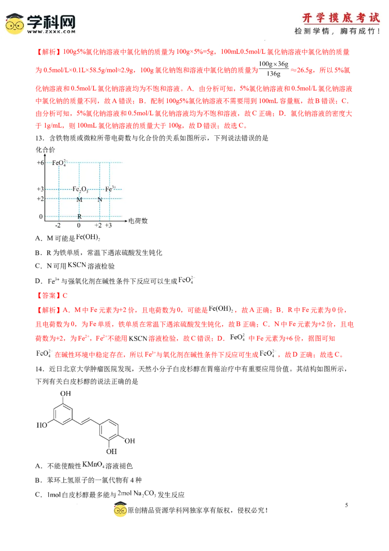 化学-2024届新高三开学摸底考试卷（上海专用）（解析版）_2024届新高三开学摸底考试卷_化学-2024届新高三开学摸底考试卷_化学-2024届新高三开学摸底考试卷（上海专用）_39628899