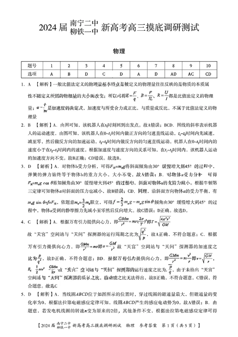2024届南宁二中柳铁铁一中新高考高三摸物理(1)_2023年9月_029月合集_2024届广西南宁二中、柳铁一中新高考高三摸底调研考试
