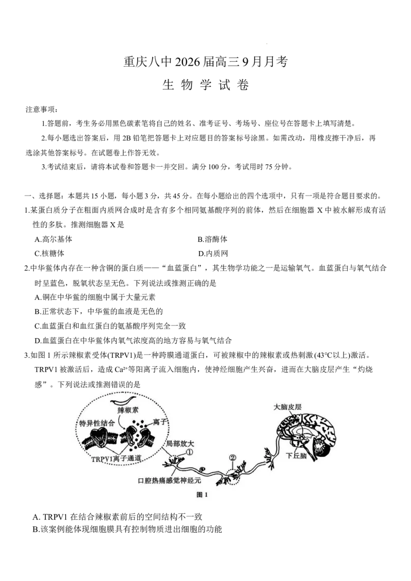 重庆市第八中学2026届高三9月高考适应性月考卷（一）生物试卷（含答案）_2025年9月_250927重庆市第八中学校2025-2026学年高三上学期9月月考