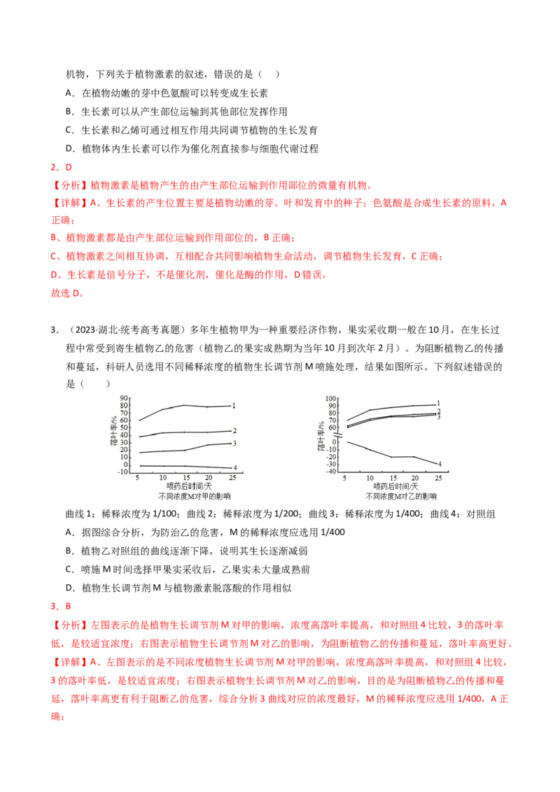 专题10植物的激素调节（解析卷）_近10年高考真题汇编（必刷）_十年（2014-2024）高考生物真题分项汇编（全国通用）_2023年高考真题和模拟题生物分项汇编（全国通用）