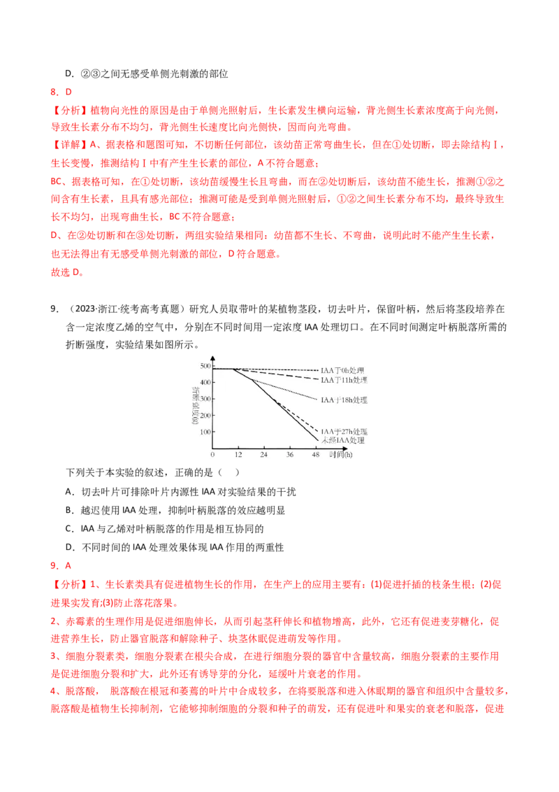专题10植物的激素调节（解析卷）_近10年高考真题汇编（必刷）_十年（2014-2024）高考生物真题分项汇编（全国通用）_2023年高考真题和模拟题生物分项汇编（全国通用）