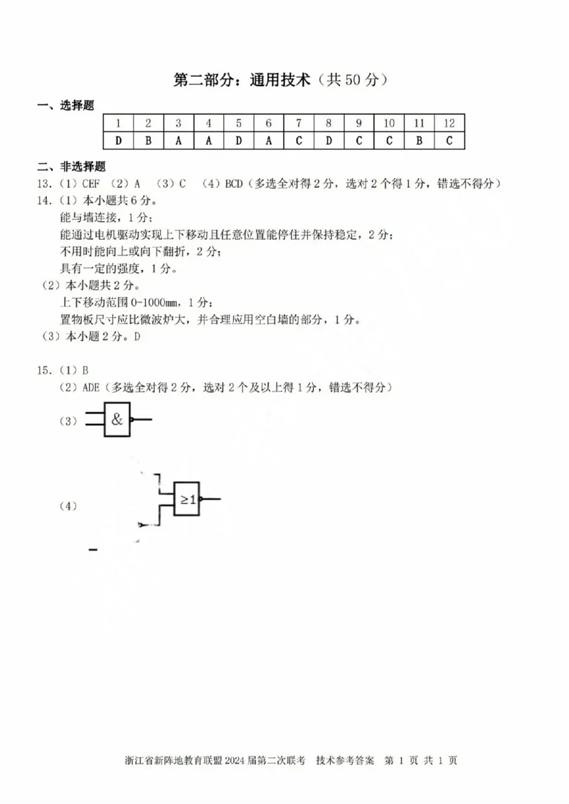 技术参考答案(1)_2023年10月_0210月合集_2024届浙江省新阵地教育联盟高三上学期第二次联考_浙江省新阵地教育联盟2024届高三上学期第二次联考技术