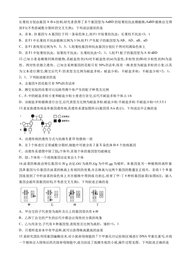 重庆市西南大学附属中学2025-2026学年高三上学期10月月考生物试卷（无答案）_2025年10月_251008重庆西南大学附属中学2026届高三上学期10月月考