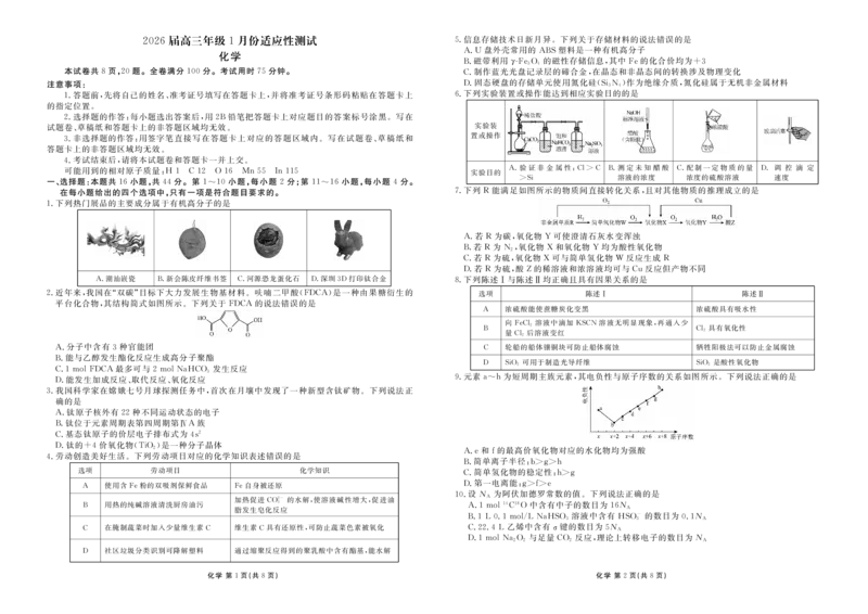高三化学正文(2026届高三年级1月份适应性测试)(1)_2026年1月_260129衡水金卷2026届高三年级1月份适应性测试（全科）_高三化学电子文件（2026届高三年级1月份适应性测试)