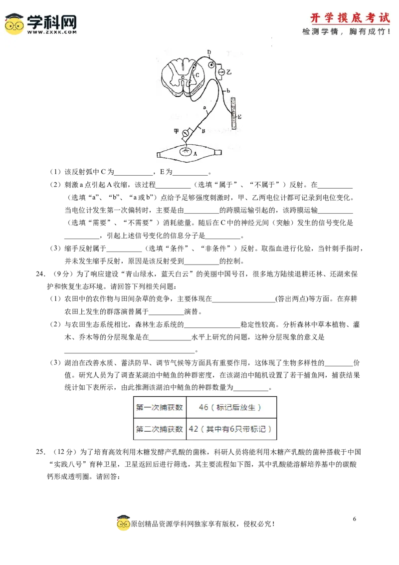 生物-2024届新高三开学摸底考试卷（江西、安徽、贵州、广西、黑龙江、吉林、甘肃七省通用）(考试版)_2024届新高三开学摸底考试卷_生物-2024届新高三开学摸底考试卷