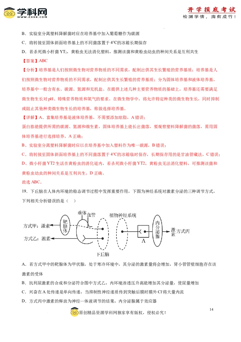 生物（江苏卷）（全解全析）_2024届新高三开学摸底考试卷_生物-2024届新高三开学摸底考试卷_生物-2024届新高三开学摸底考试卷（江苏卷）