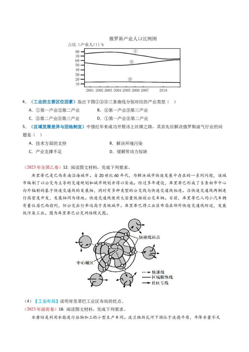 专题11工业与服务业-学易金卷：2023年高考真题和模拟题地理分项汇编（原卷卷）_近10年高考真题汇编（必刷）_十年（2014-2024）高考地理真题分项汇编（全国通用）
