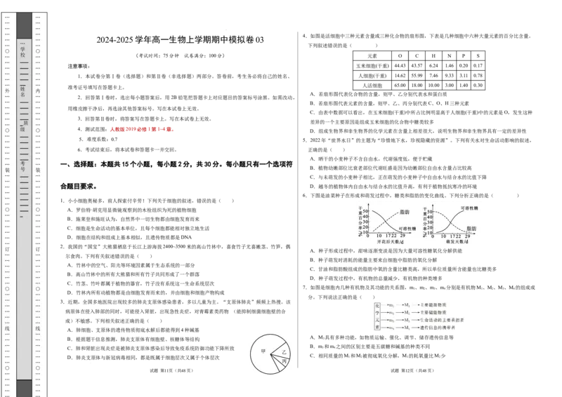 高一生物期中模拟卷03测试范围：人教版2019第1~4章（考试版A3）（新高考通用）_1多考区联考试卷_1014高一期中模拟卷（新高考通用）黄金卷：2024-2025学年高一上学期期中模拟考试