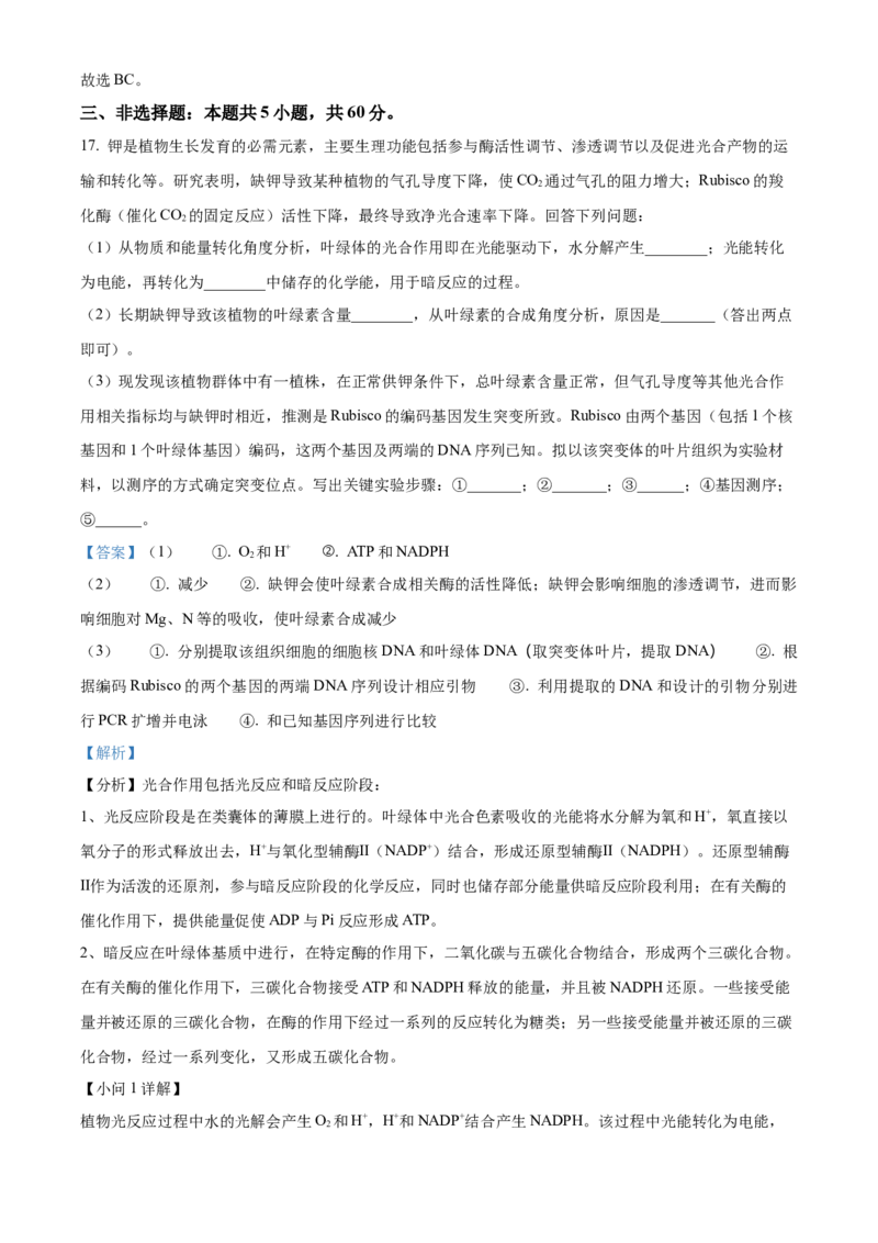 2024年新课标湖南高考真题生物试卷（解析版）_高考真题全网收集_生物学_2024年新高考湖南卷生物高考真题解析（参考版）