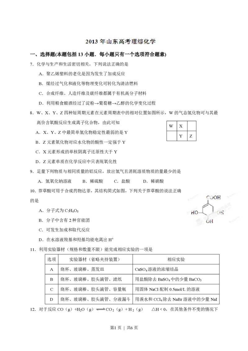 2013年高考化学试卷（山东）（空白卷）_化学历年高考真题_新&middot;PDF版2008-2025&middot;高考化学真题_化学（按试卷类型分类）2008-2025_自主命题卷&middot;化学（2008-2025）(1)