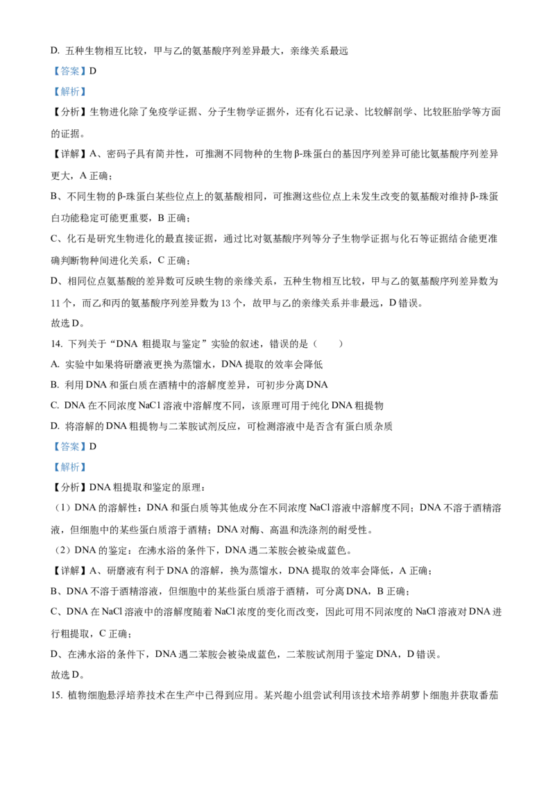 精品解析：2024年新课标高考真题安徽卷生物试卷（解析版）_高考真题全网收集_生物学_2024年新高考安徽卷生物高考真题解析（参考版）