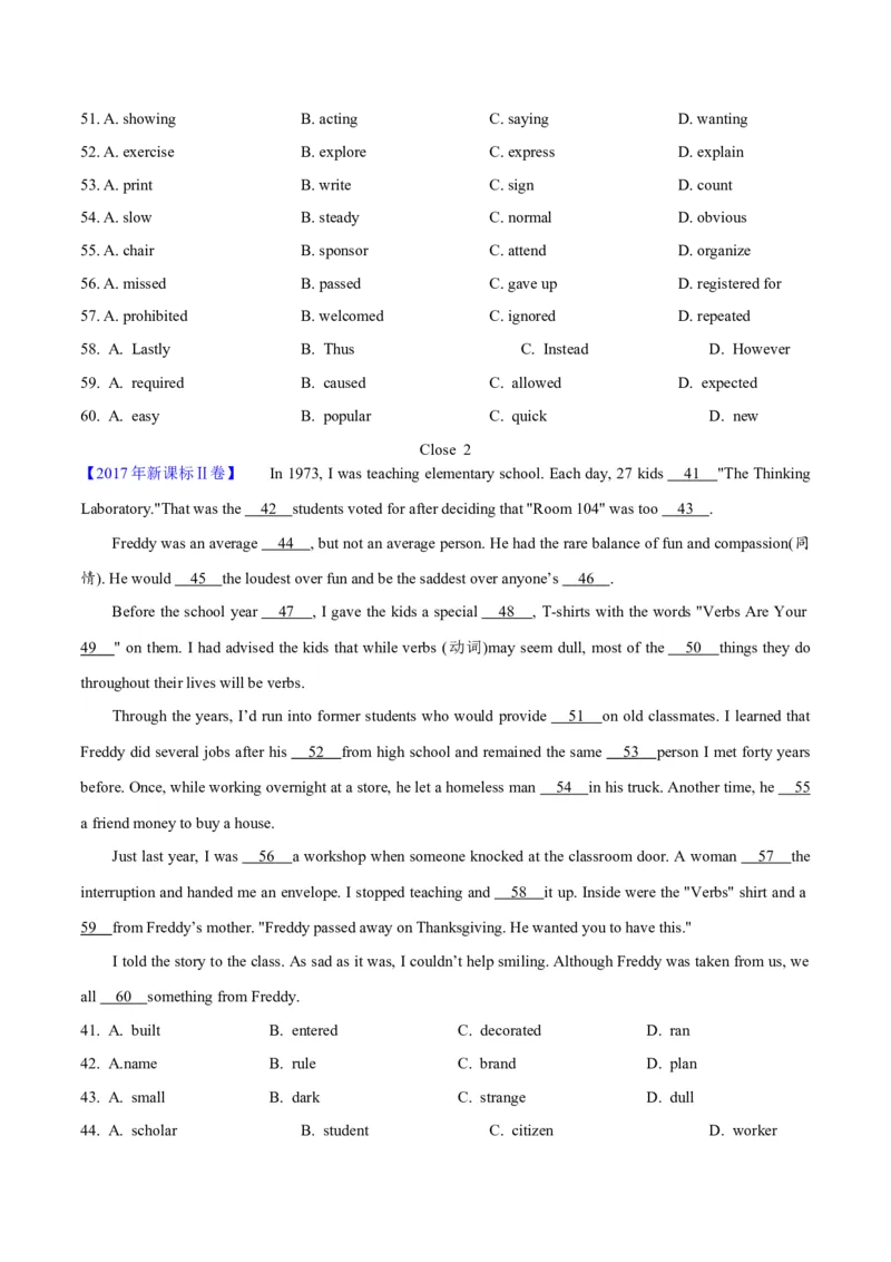 专题19完形填空记叔文(20空)（学生卷）--学易金卷：十年（2014-2023）高考真题英语分项汇编（全国通用）_近10年高考真题汇编（必刷）_十年（2014-2024）高考英语真题分类汇编（全国通用）