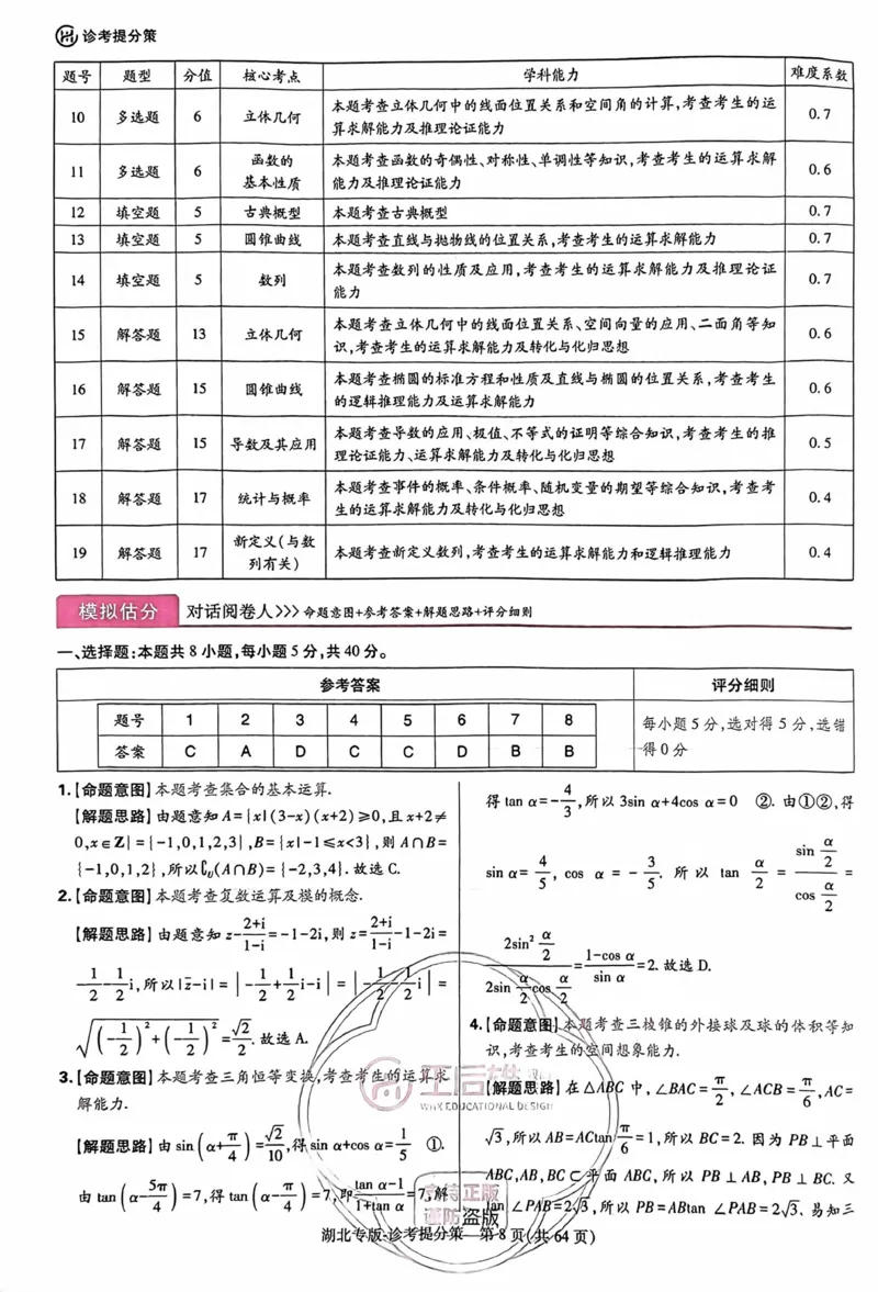 数学答案_2024高考押题卷_22024王hou雄_16王后雄押题_2024年王后雄高考押题预测卷（湖北专版）_数学