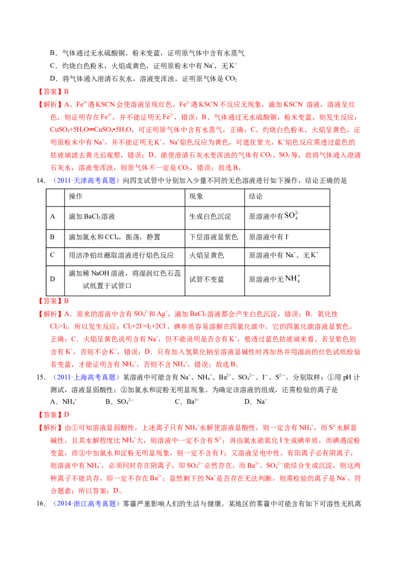 专题84离子检验与推断（解析卷）_近10年高考真题汇编（必刷）_十年（2014-2024）高考化学真题分项汇编（全国通用）_十年（2014-2023）高考化学真题分项汇编（全国通用）