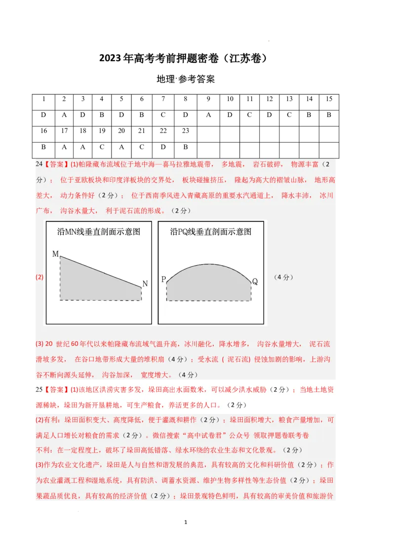 地理（江苏卷）（参考答案）_2023高考押题卷_学易金卷-2023学科网押题卷（各科各版本）_2023学科网押题卷-学易金卷-地理_地理（江苏卷）-学易金卷：2023年高考考前押题密卷