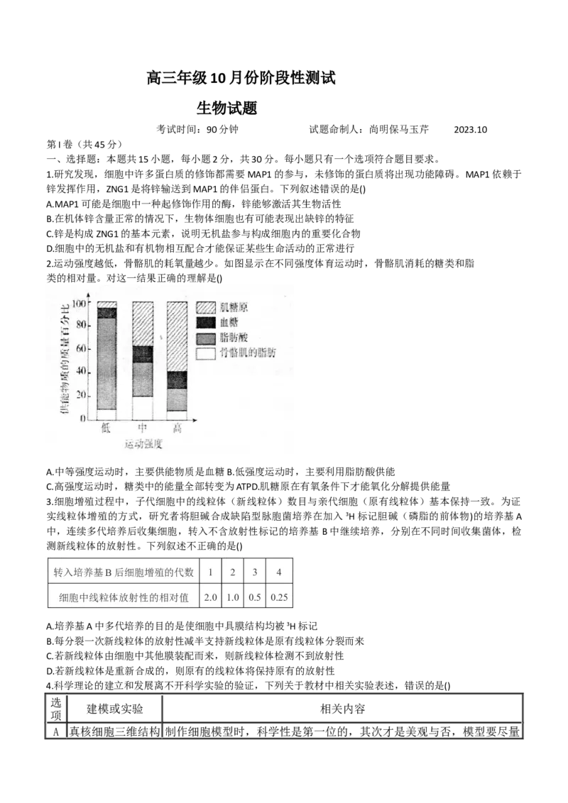 2024山东省德州市第一中学高三上学期10月月考生物试题（含答案）(1)_2023年10月_01每日更新_6号_2024届山东省德州市一中高三上学期10月月考