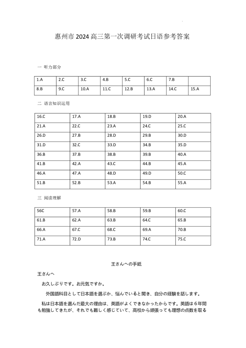 3.惠州市2024届高三第一次调研考试参考答案（日语）_2023年8月_01每日更新_4号_2024届广东省惠州市高三上学期第一次调研考试_2024届广东省惠州市高三上学期第一次调研考试日语