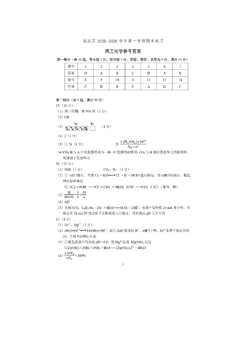 2026届高三海淀期末考试化学答案(1)_2026年1月_260123北京市海淀区2025一2026学年度第一学期期末统一检测（全科）