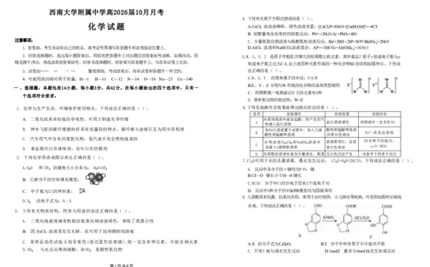 重庆市西南大学附属中学校2025-2026学年高三上学期10月月考化学试卷（图片版，含答案）_2025年10月_251008重庆西南大学附属中学2026届高三上学期10月月考