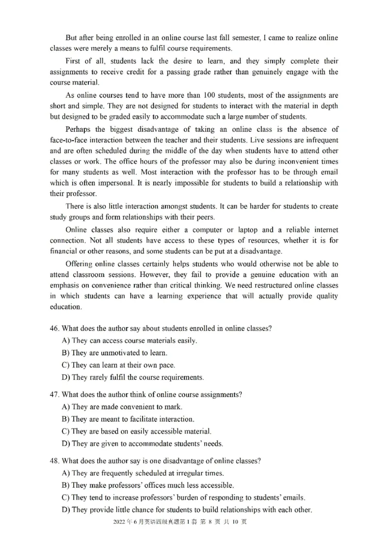 2022.06四级真题第1套可复制可搜索，打印首选_英语四六级整合_英语四六级真题版本二此版为主此文件夹会持续更新_四级真题_1.四级真题+答案解析+听力音频(1989-2025)_2022年