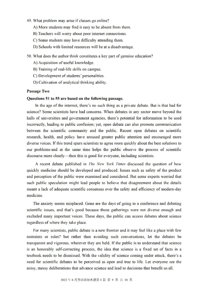 2022.06四级真题第1套可复制可搜索，打印首选_英语四六级整合_英语四六级真题版本二此版为主此文件夹会持续更新_四级真题_1.四级真题+答案解析+听力音频(1989-2025)_2022年
