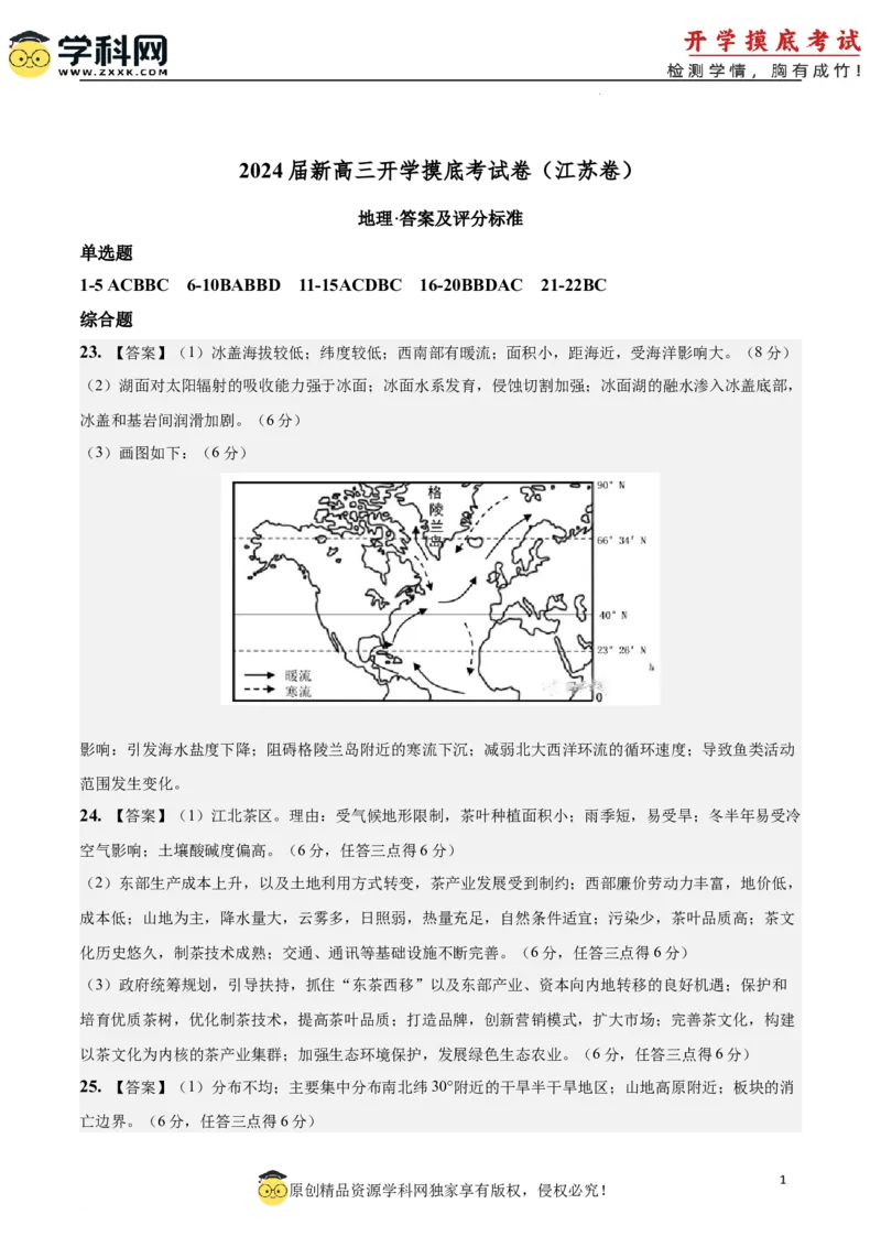 地理-2024届新高三开学摸底考试卷（江苏卷）01（答案及评分标准）_2024届新高三开学摸底考试卷_地理-2024届新高三开学摸底考试卷_地理-2024届新高三开学摸底考试卷（江苏卷）_39440843