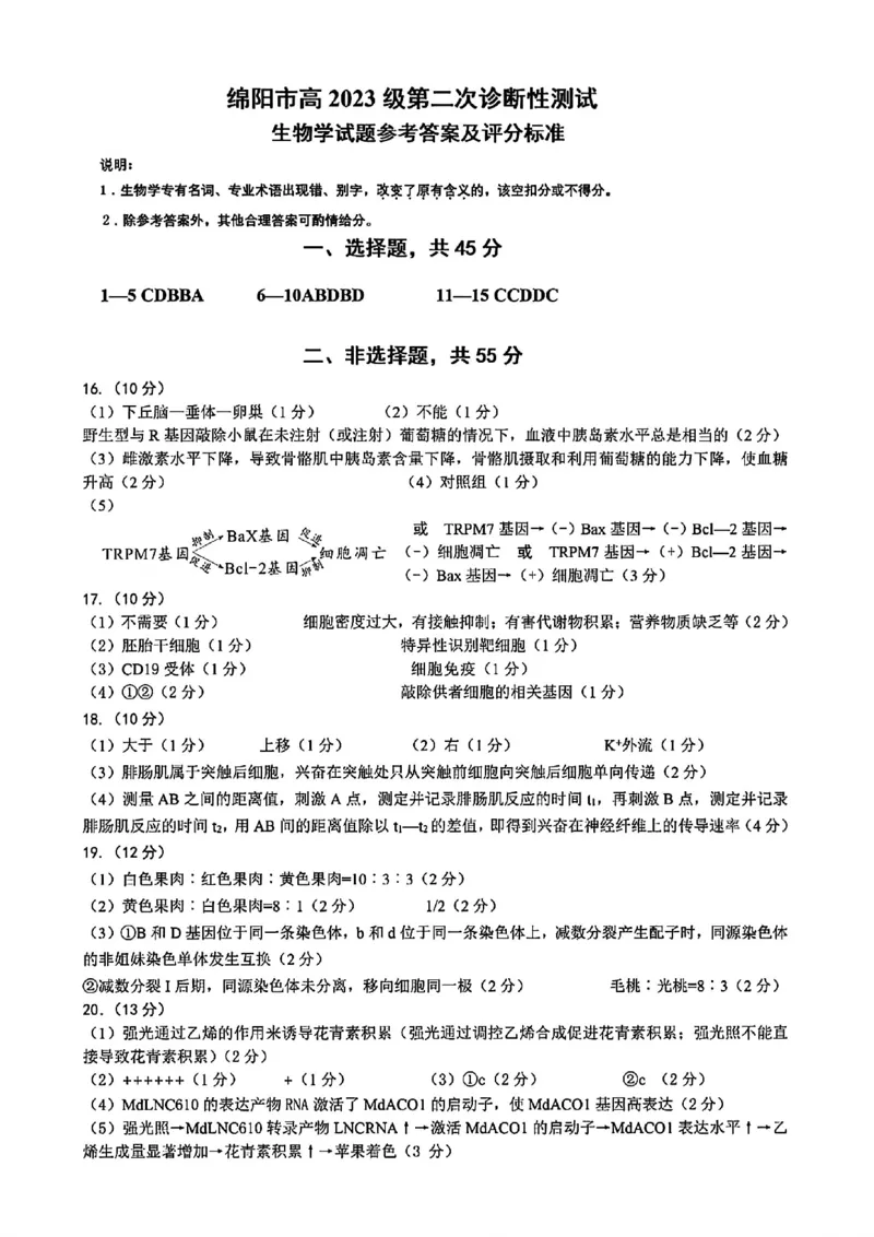 四川省绵阳市2026届高三上学期第二次诊断性考试生物试题（A卷）含答案(1)_2026年1月_260123四川省绵阳市2026届高三上学期第二次诊断性考试（绵阳高三二诊）