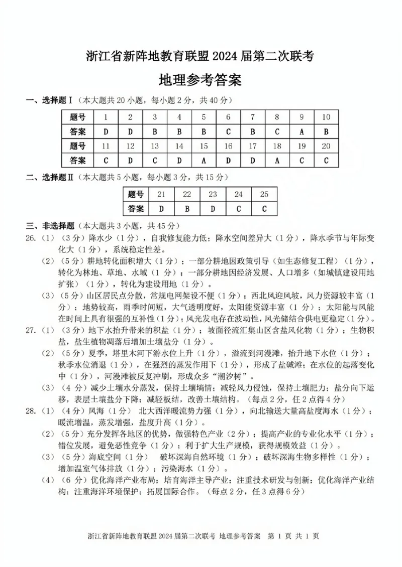 地理参考答案(1)_2023年10月_0210月合集_2024届浙江省新阵地教育联盟高三上学期第二次联考_浙江省新阵地教育联盟2024届高三上学期第二次联考地理