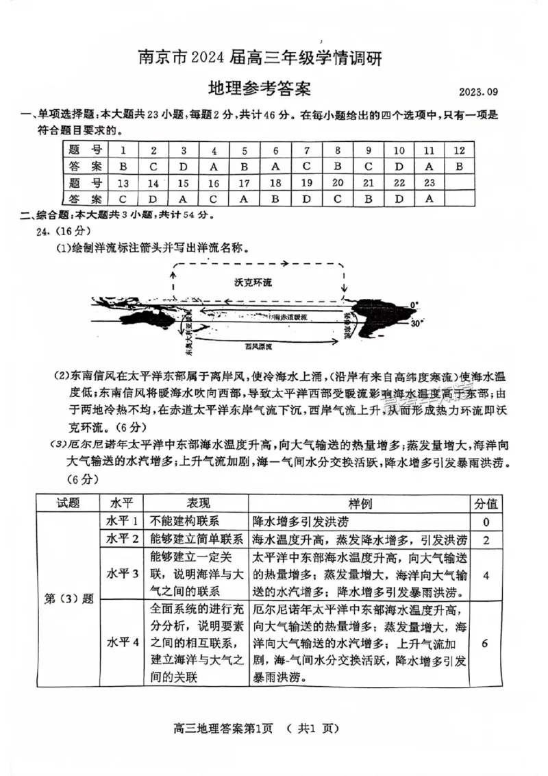 南京高三上(学情调研)-地理试题+答案(1)_2023年9月_029月合集_2024届江苏南京市高三年级学情调研